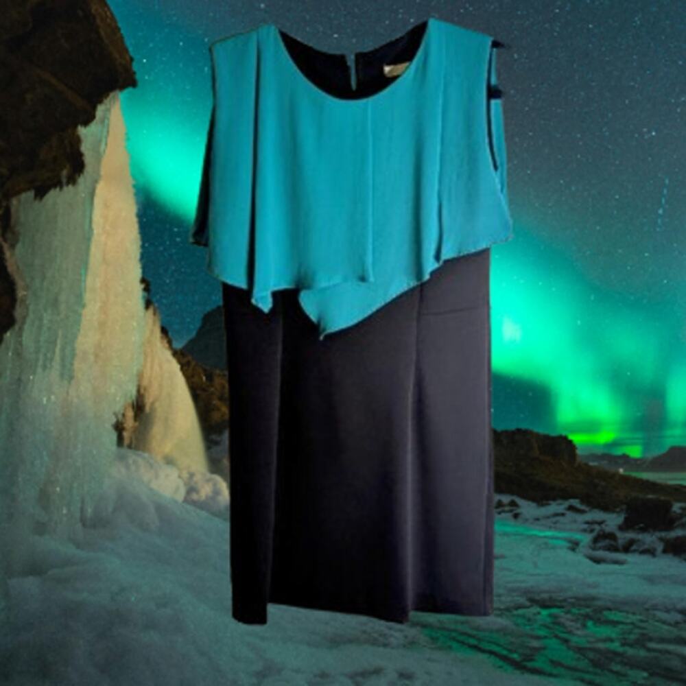 Adorable small sleeveless turquoise and black polyester blend stretch dress.